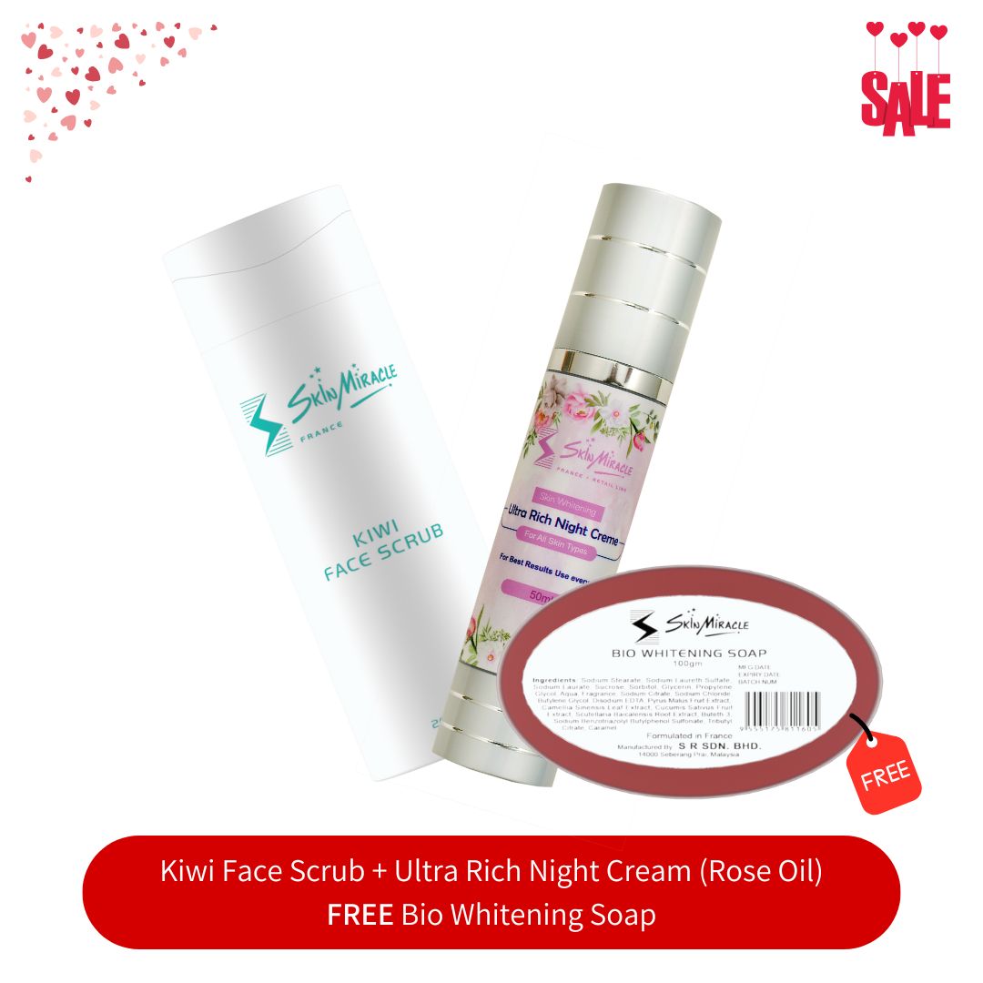 Kiwi Face Scrub + Ultra Rich Night Cream (Rose Oil) + FREE Bio Whitening Soap