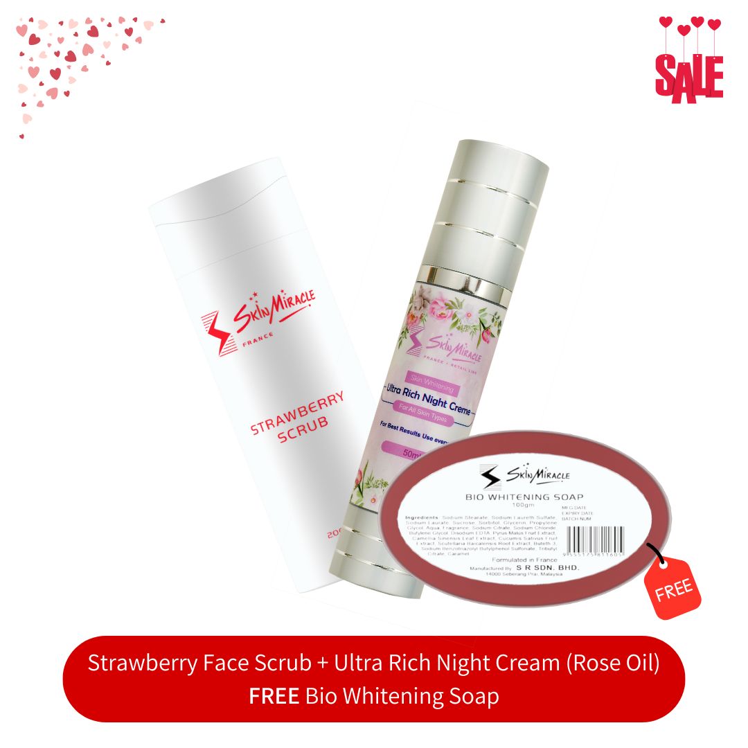 Strawberry Face Scrub + Ultra Rich Night Cream (Rose Oil) + FREE Bio Whitening Soap
