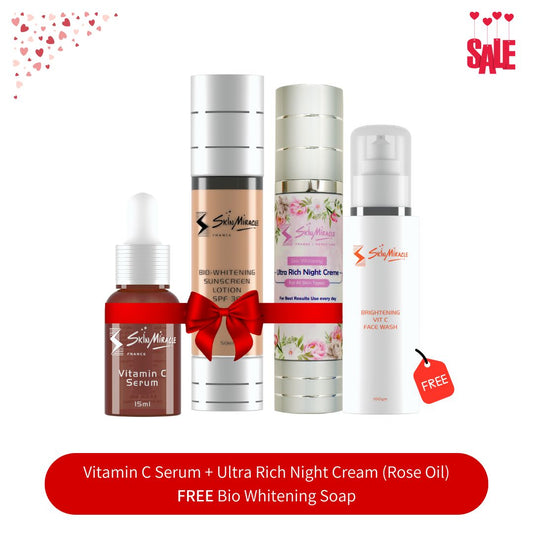 Vitamin C Serum + Ultra Rich Night Cream (Rose Oil) + Bio Whitening Sunscreen Lotion SPF 30 + FREE Vitamin C Face Wash